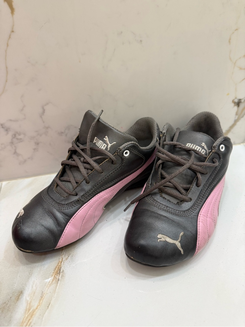 Vintage Black and Pink Puma Speedcat Low-Top Leather Sneakers